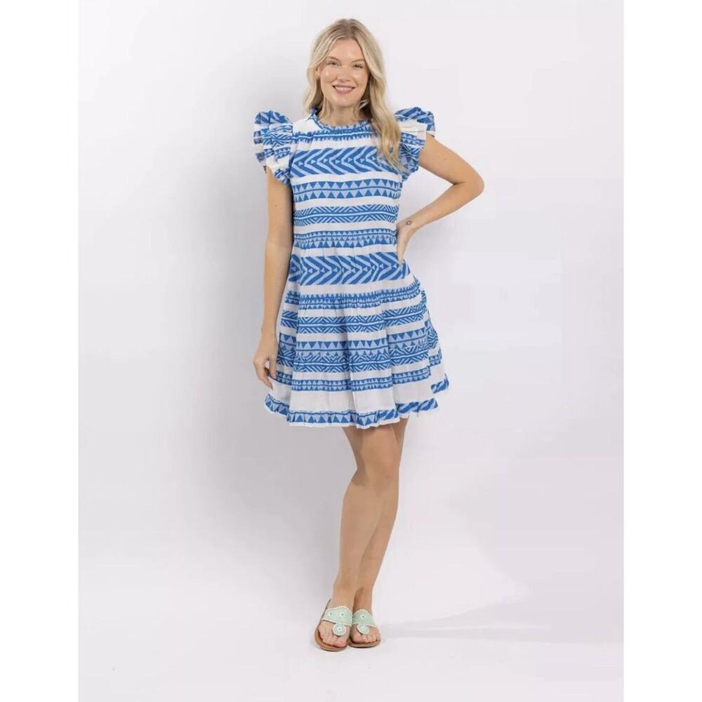 SAIL to SABLE Geo Stripe‎ Ruffle Neck Dress 100% Cotton Blue White Size XS EUC